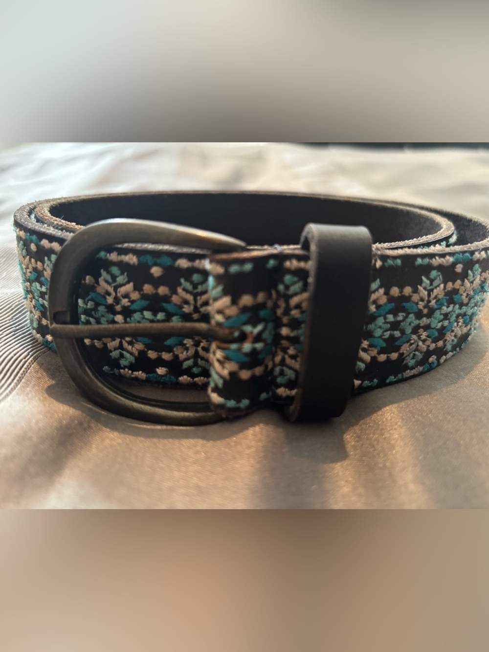 Lucky Brand Black Belt with Teal and Cream Embroidery